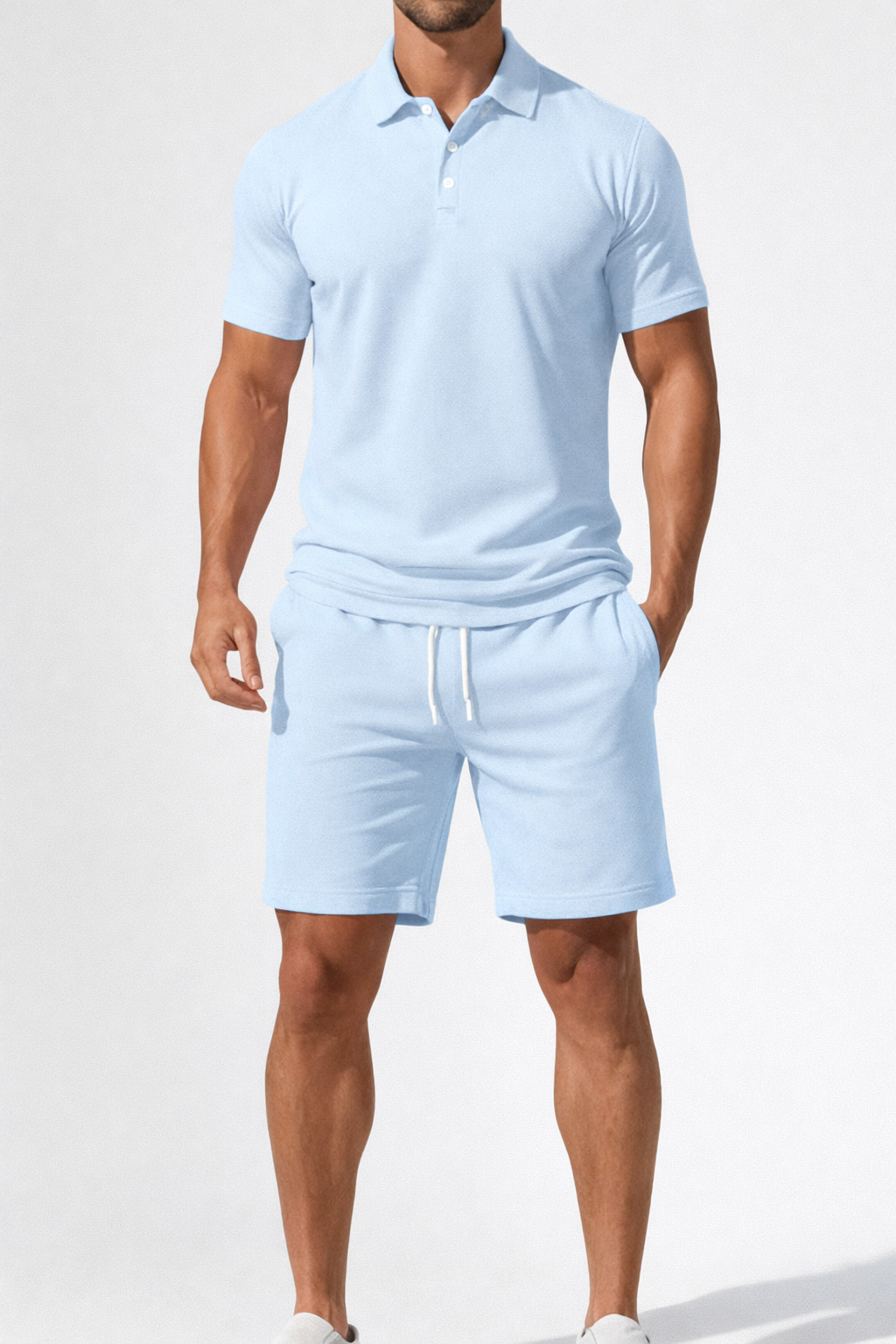 Men Short Sleeve Polo Shirt and Drawstring Shorts Summer Outfit Set