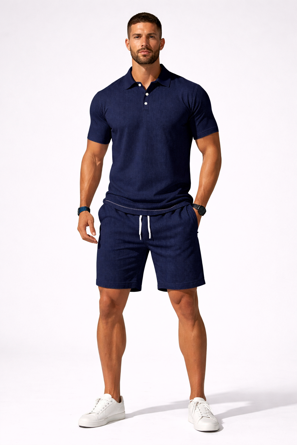 Men Textured Polo and Shorts Summer Set