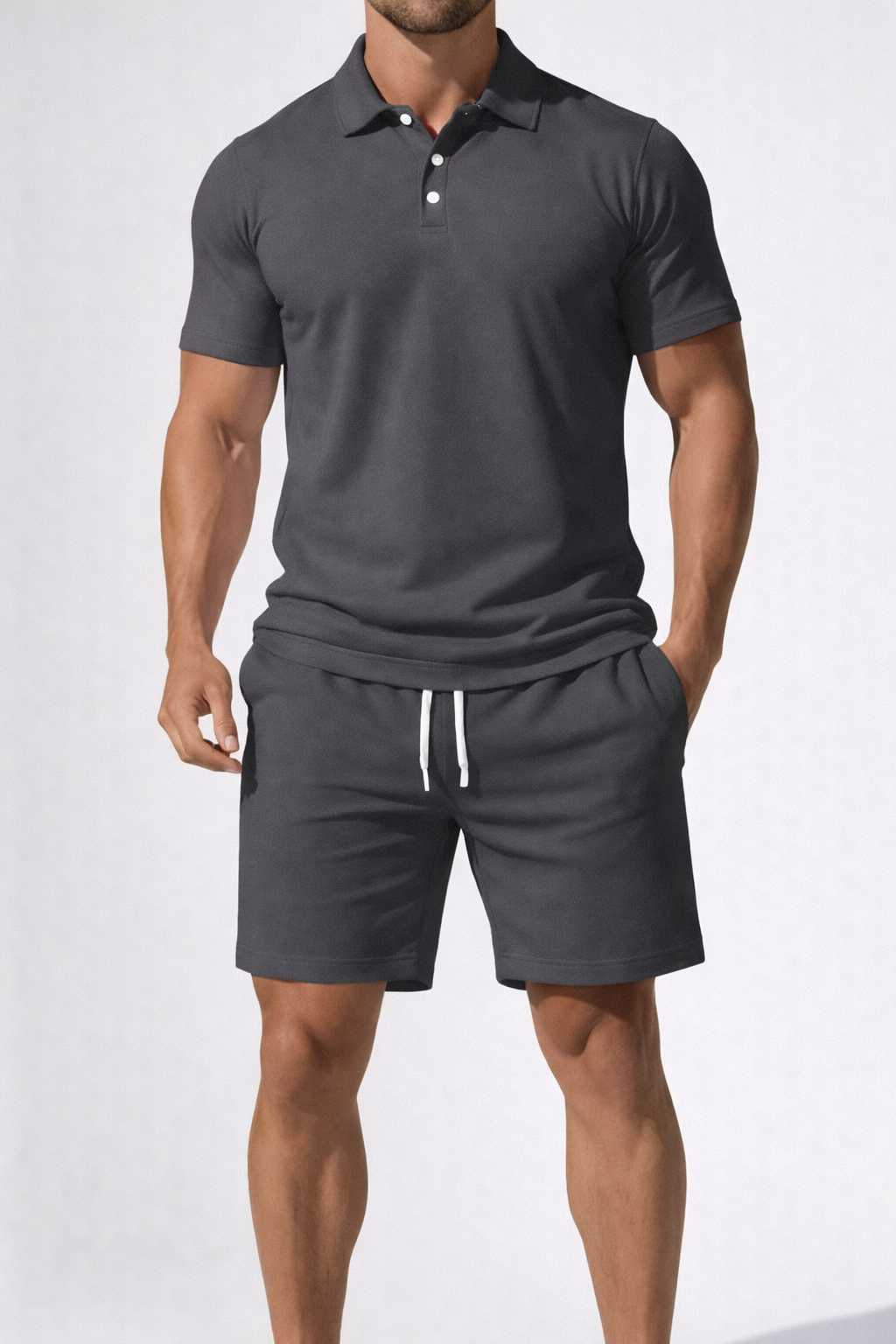 Men Short Sleeve Polo Shirt and Drawstring Shorts Summer Outfit Set