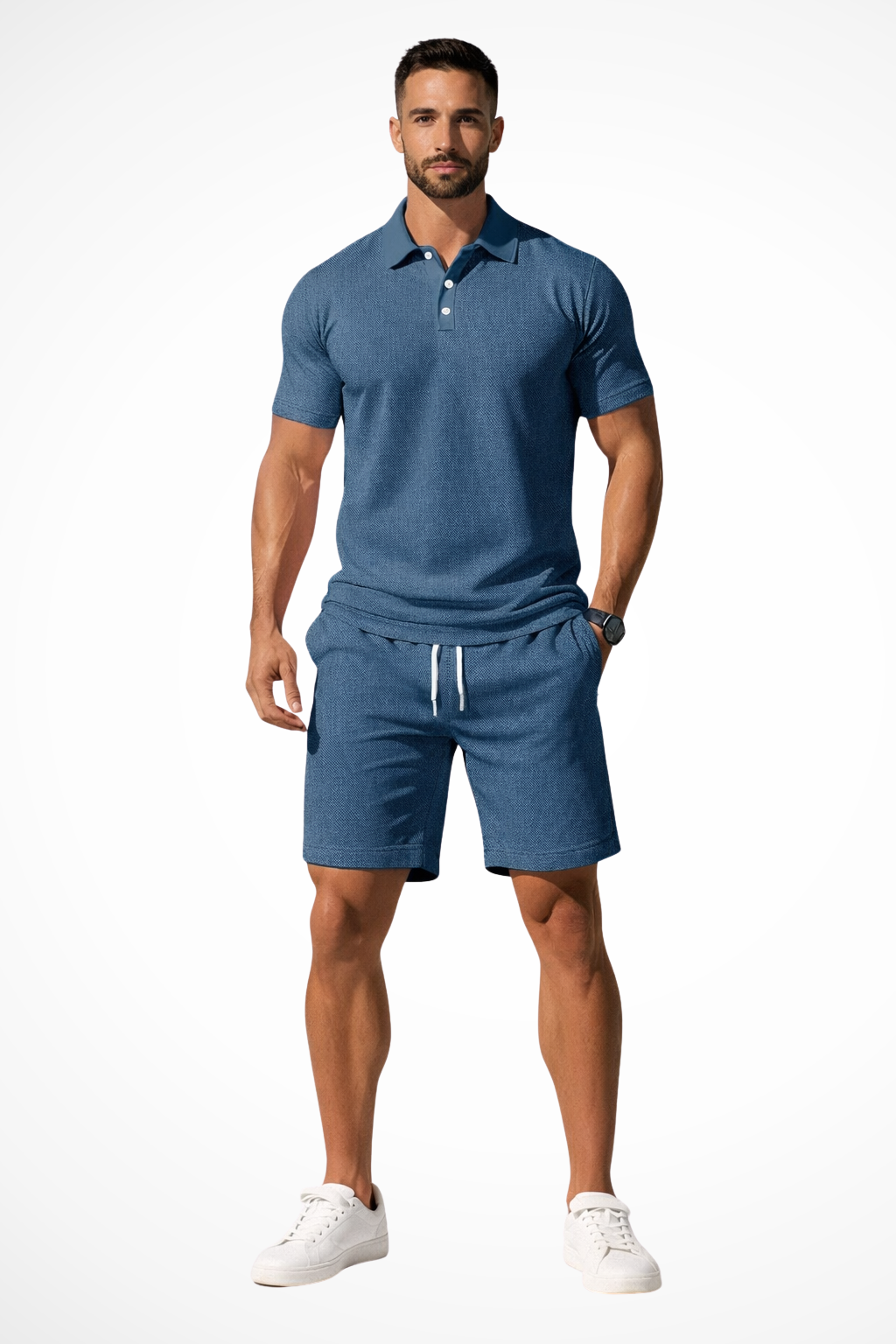 Men Textured Polo and Shorts Summer Set