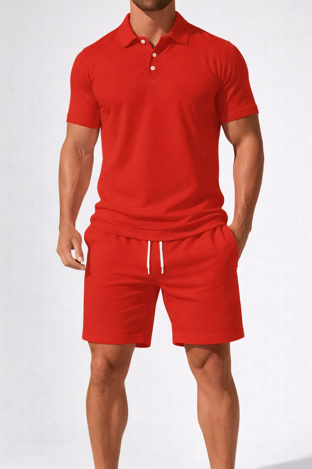 Men Short Sleeve Polo Shirt and Drawstring Shorts Summer Outfit Set