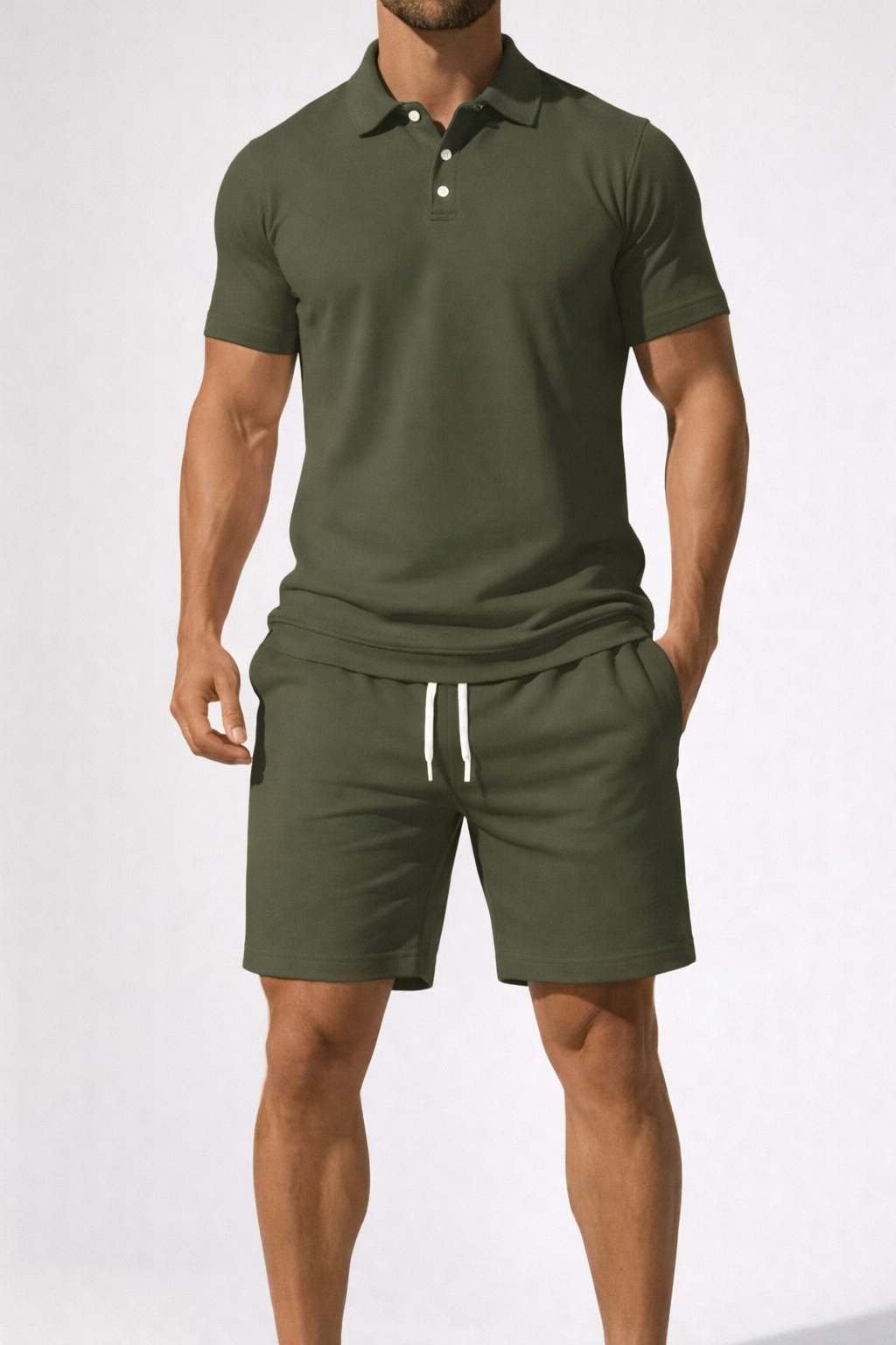 Men Short Sleeve Polo Shirt and Drawstring Shorts Summer Outfit Set