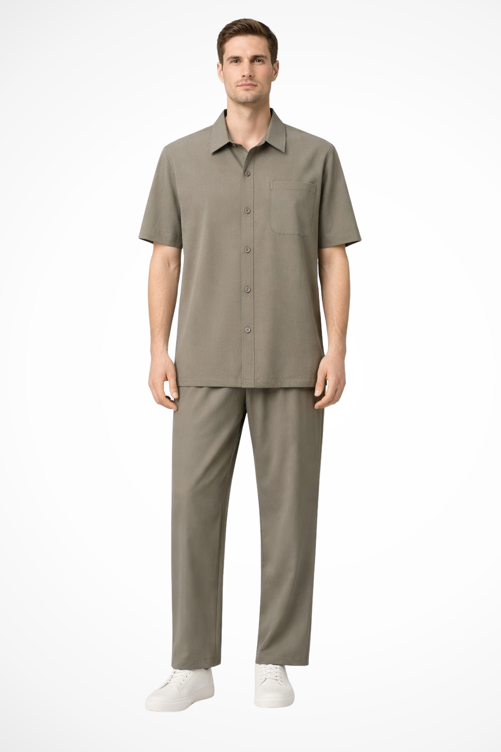 Men Lapel Short Sleeve Button Shirt and Elasticated Waist Trouser Set