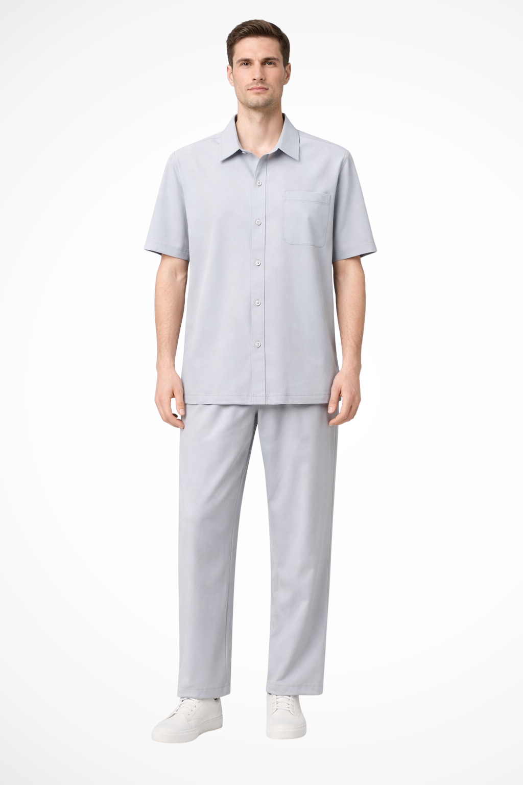 Men Lapel Short Sleeve Button Shirt and Elasticated Waist Trouser Set