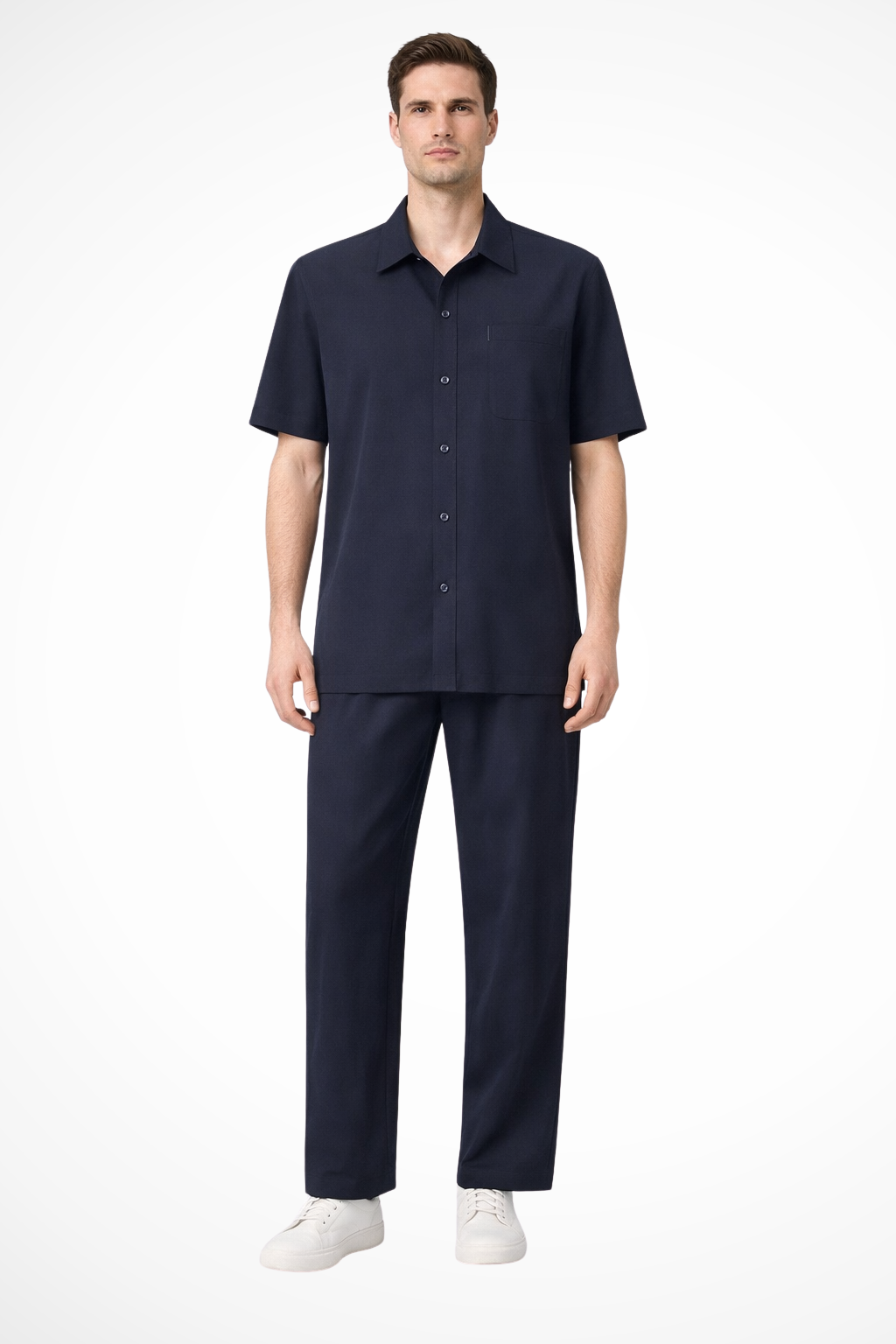 Men Lapel Short Sleeve Button Shirt and Elasticated Waist Trouser Set