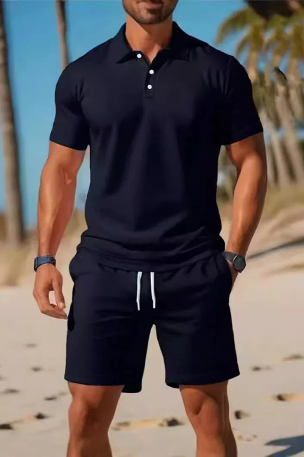 Men Short Sleeve Polo Shirt and Drawstring Shorts Summer Outfit Set