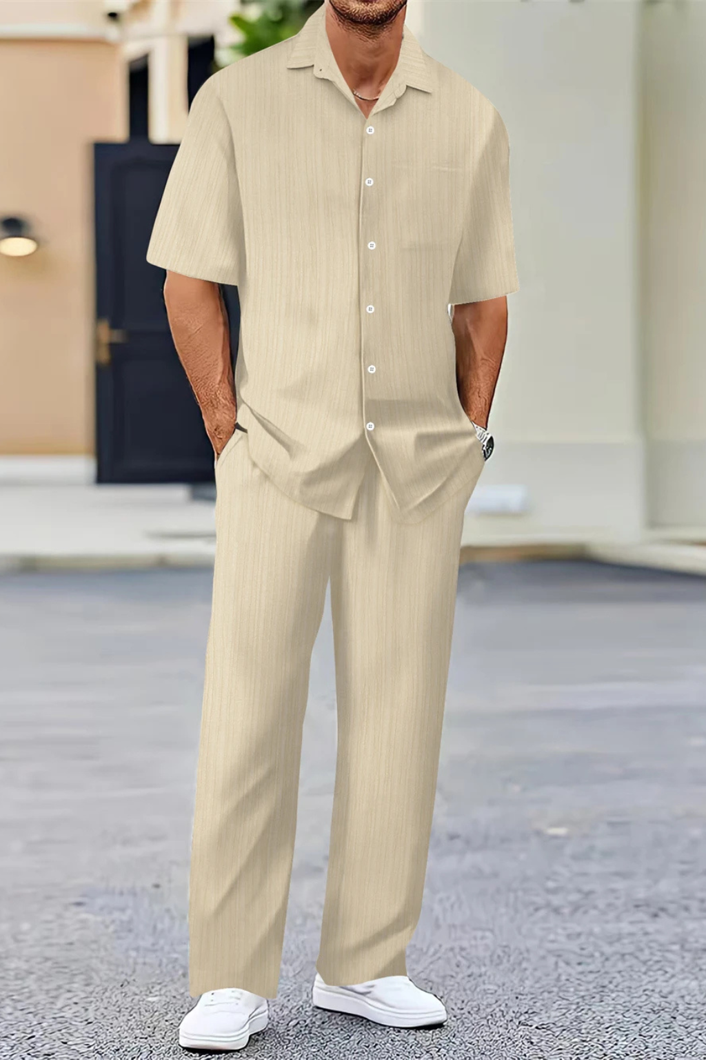 George | Men Textured Short Sleeve Shirt and Straight Leg Trousers Summer Set