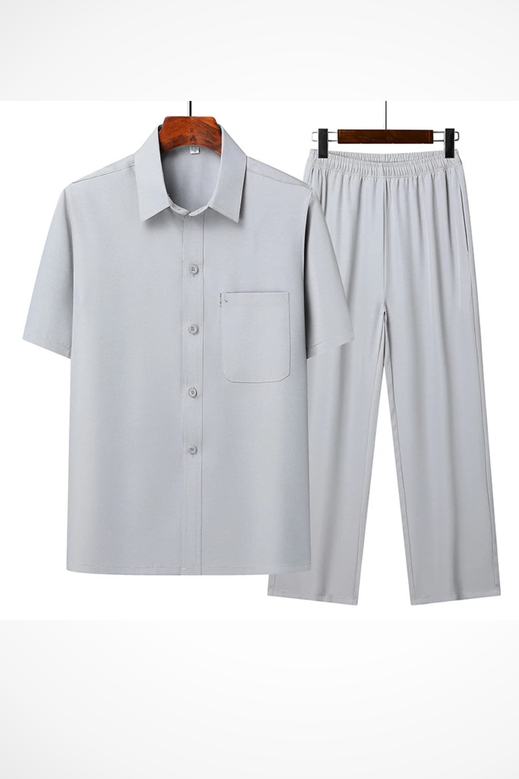 Men Lapel Short Sleeve Button Shirt and Elasticated Waist Trouser Set