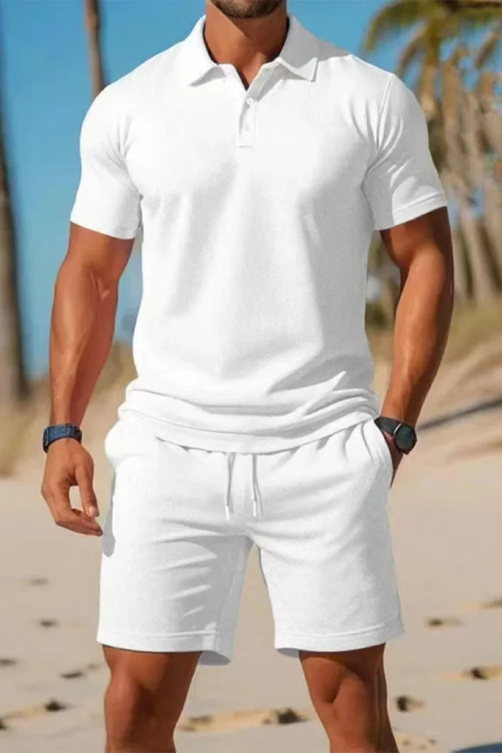 Men Short Sleeve Polo Shirt and Drawstring Shorts Summer Outfit Set