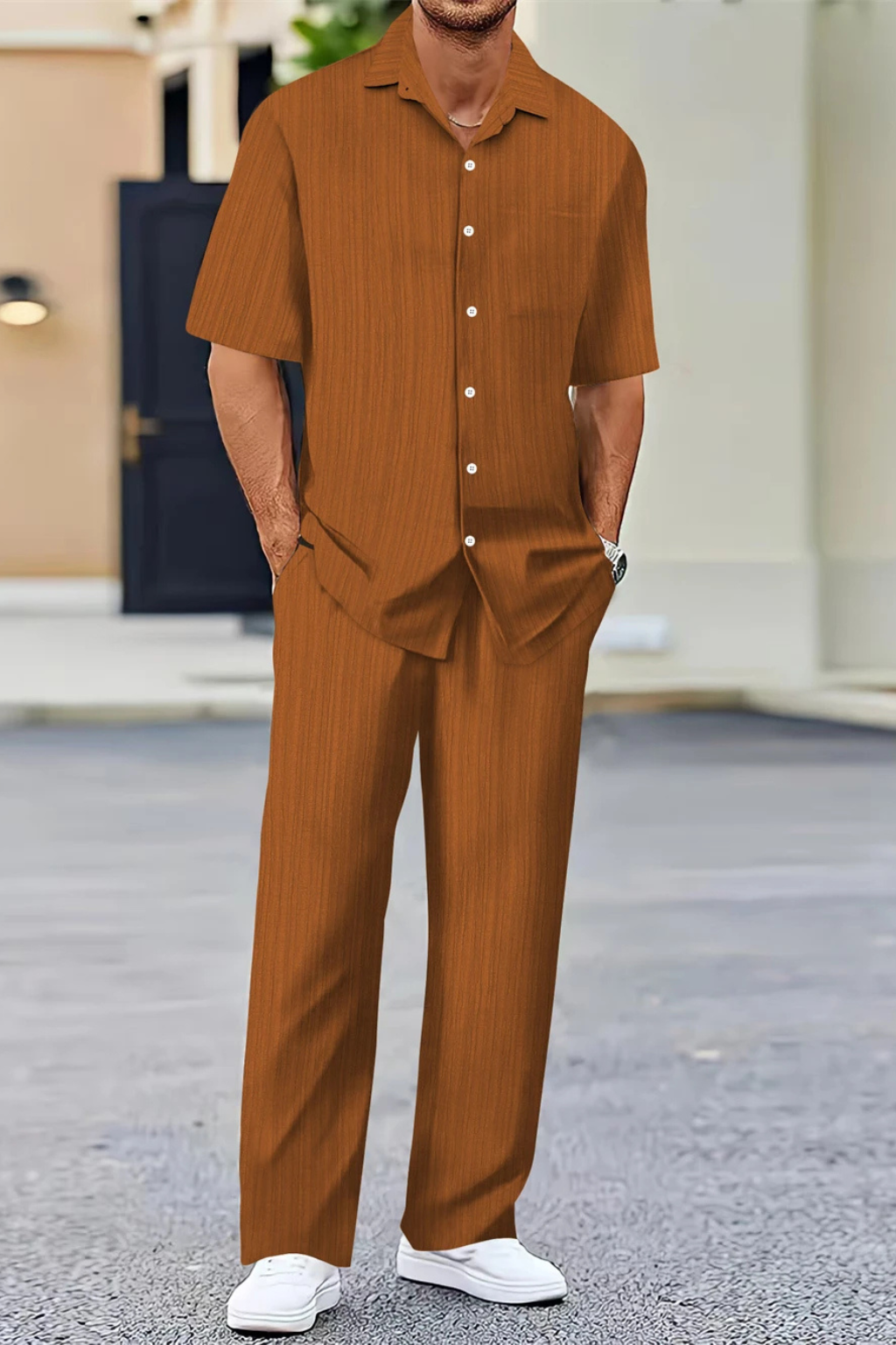 George | Men Textured Short Sleeve Shirt and Straight Leg Trousers Summer Set