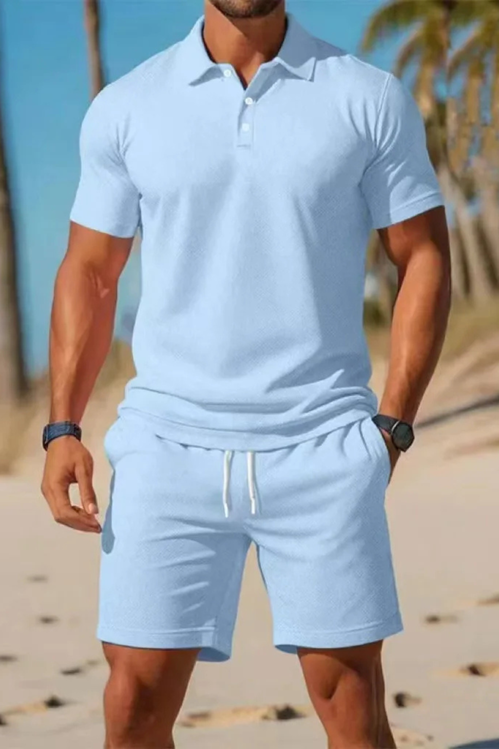 Men Short Sleeve Polo Shirt and Drawstring Shorts Summer Outfit Set