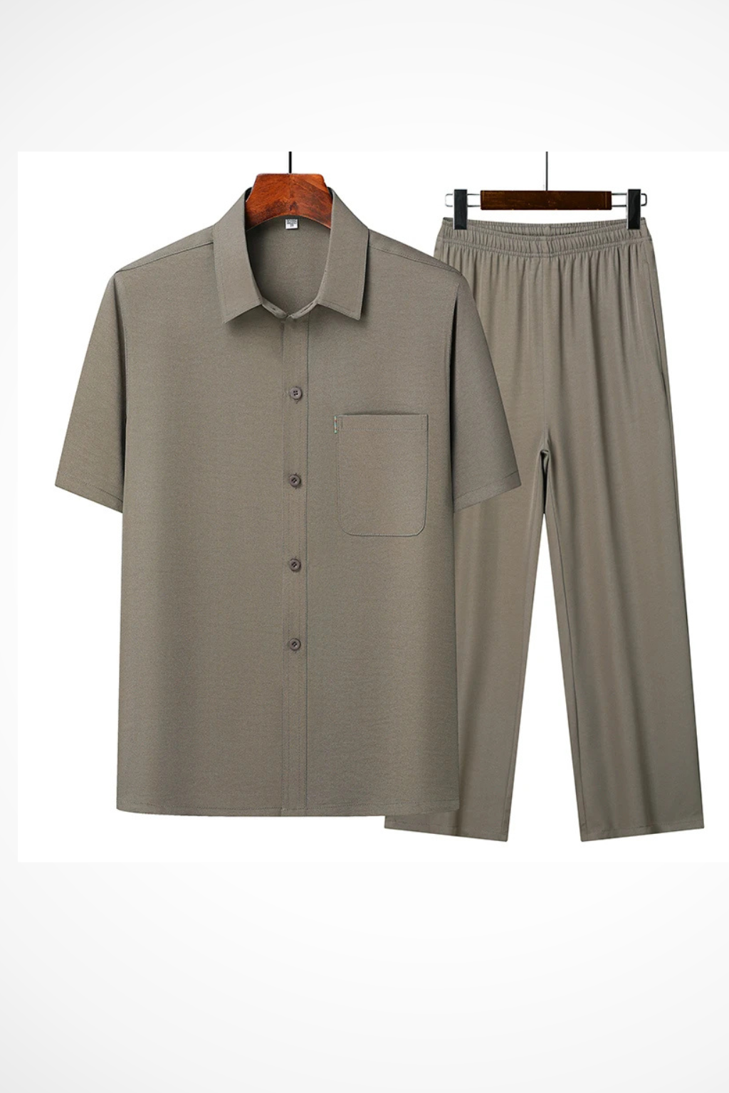 Men Lapel Short Sleeve Button Shirt and Elasticated Waist Trouser Set
