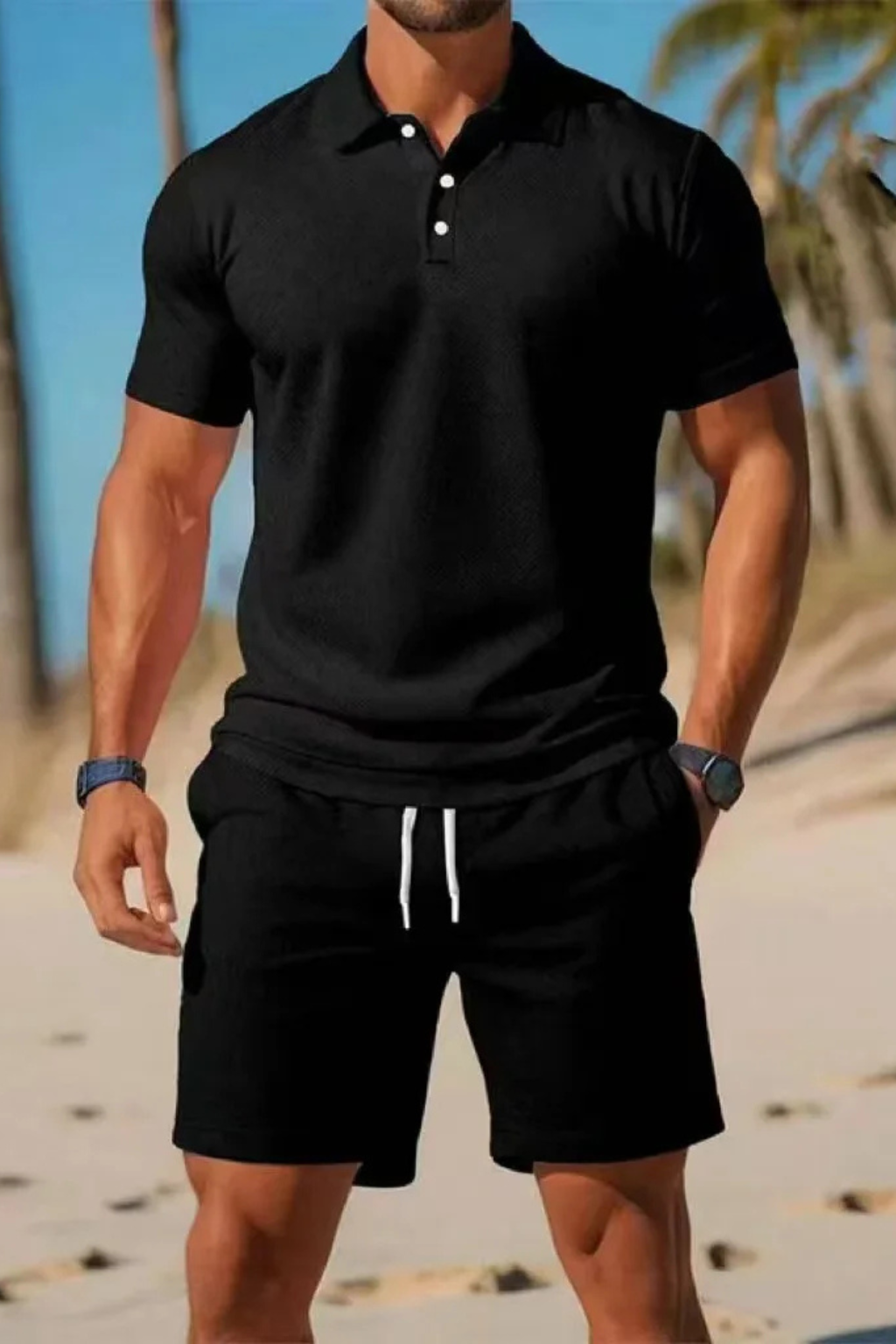 Men Short Sleeve Polo Shirt and Drawstring Shorts Summer Outfit Set