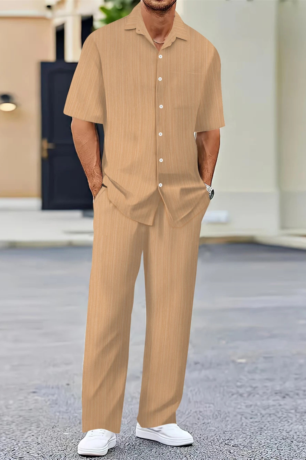 George | Men Textured Short Sleeve Shirt and Straight Leg Trousers Summer Set