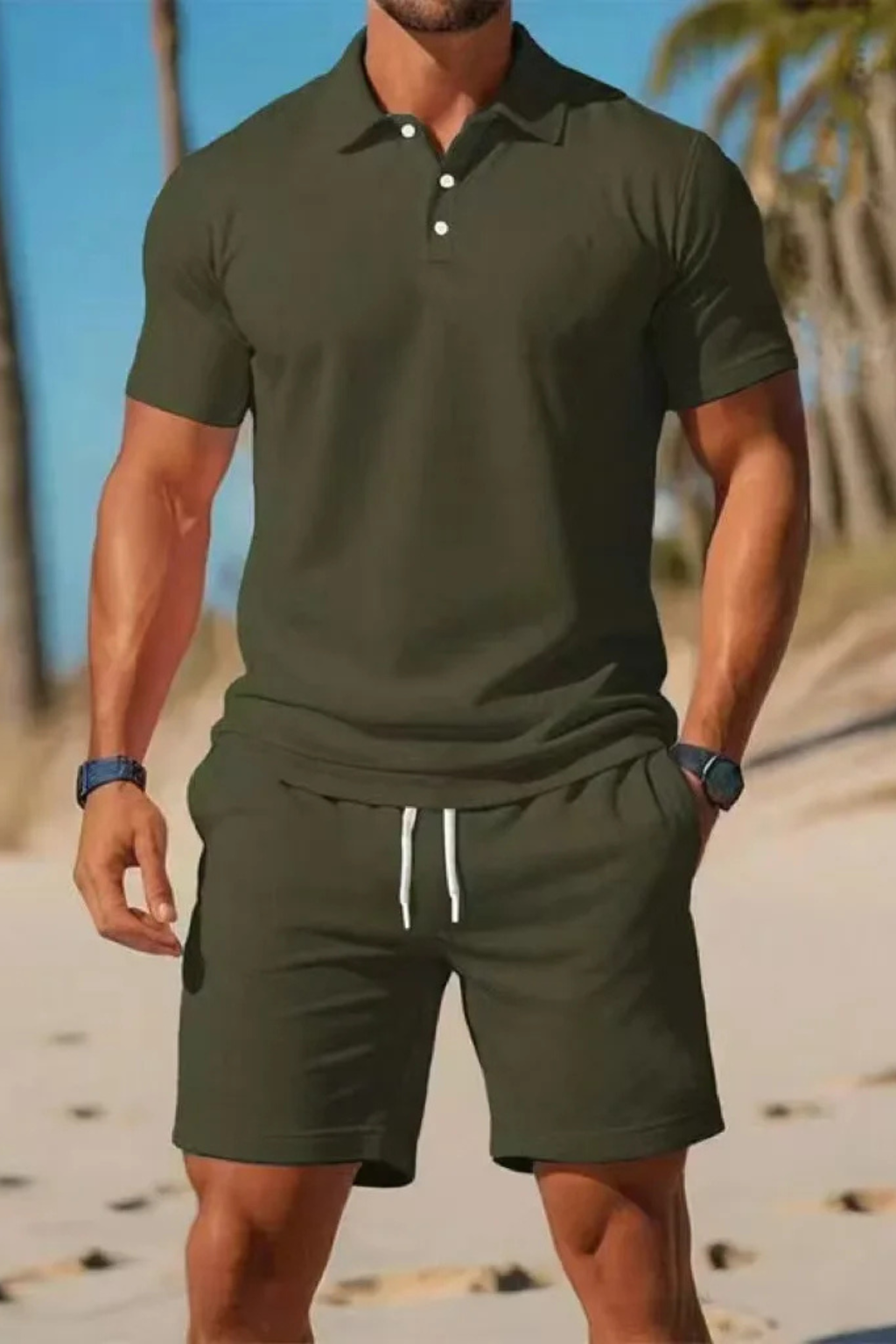 Men Short Sleeve Polo Shirt and Drawstring Shorts Summer Outfit Set