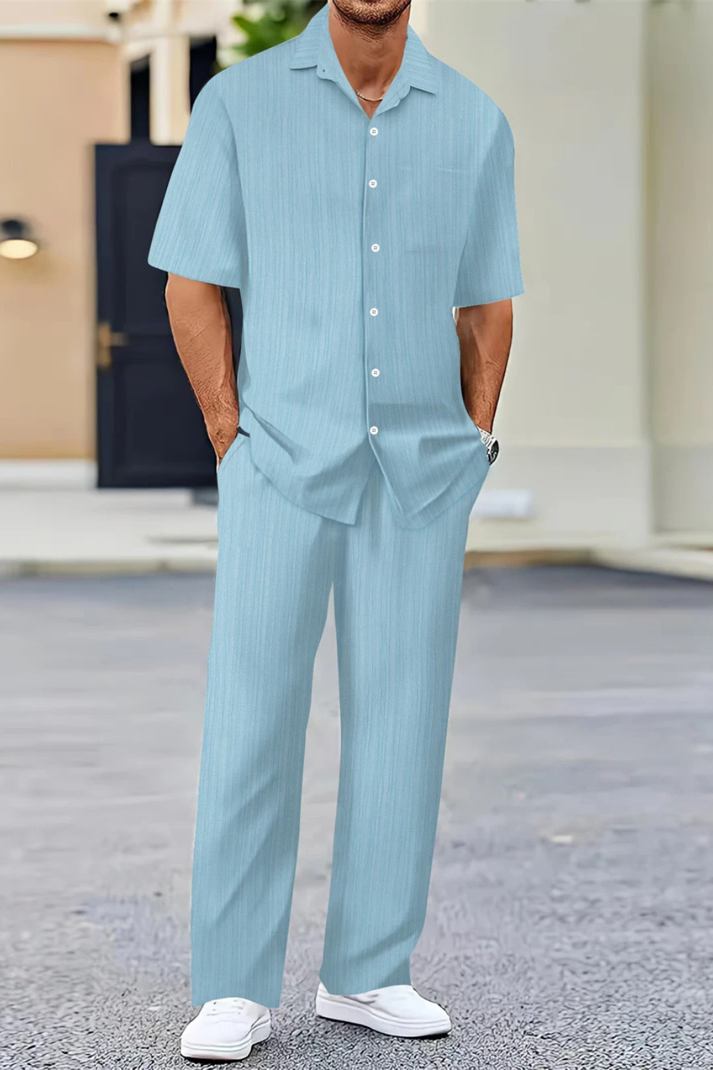 George | Men Textured Short Sleeve Shirt and Straight Leg Trousers Summer Set