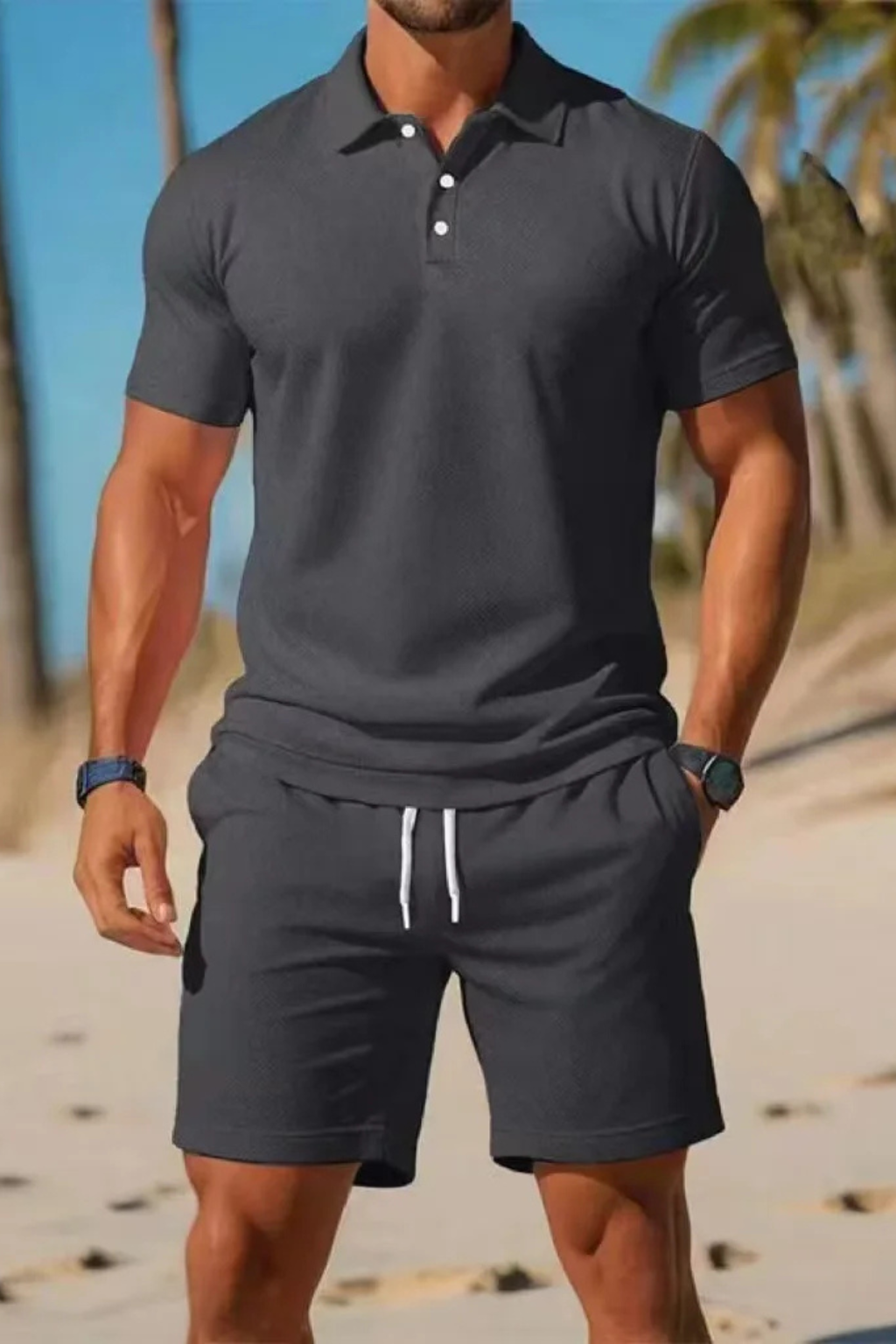 Men Short Sleeve Polo Shirt and Drawstring Shorts Summer Outfit Set