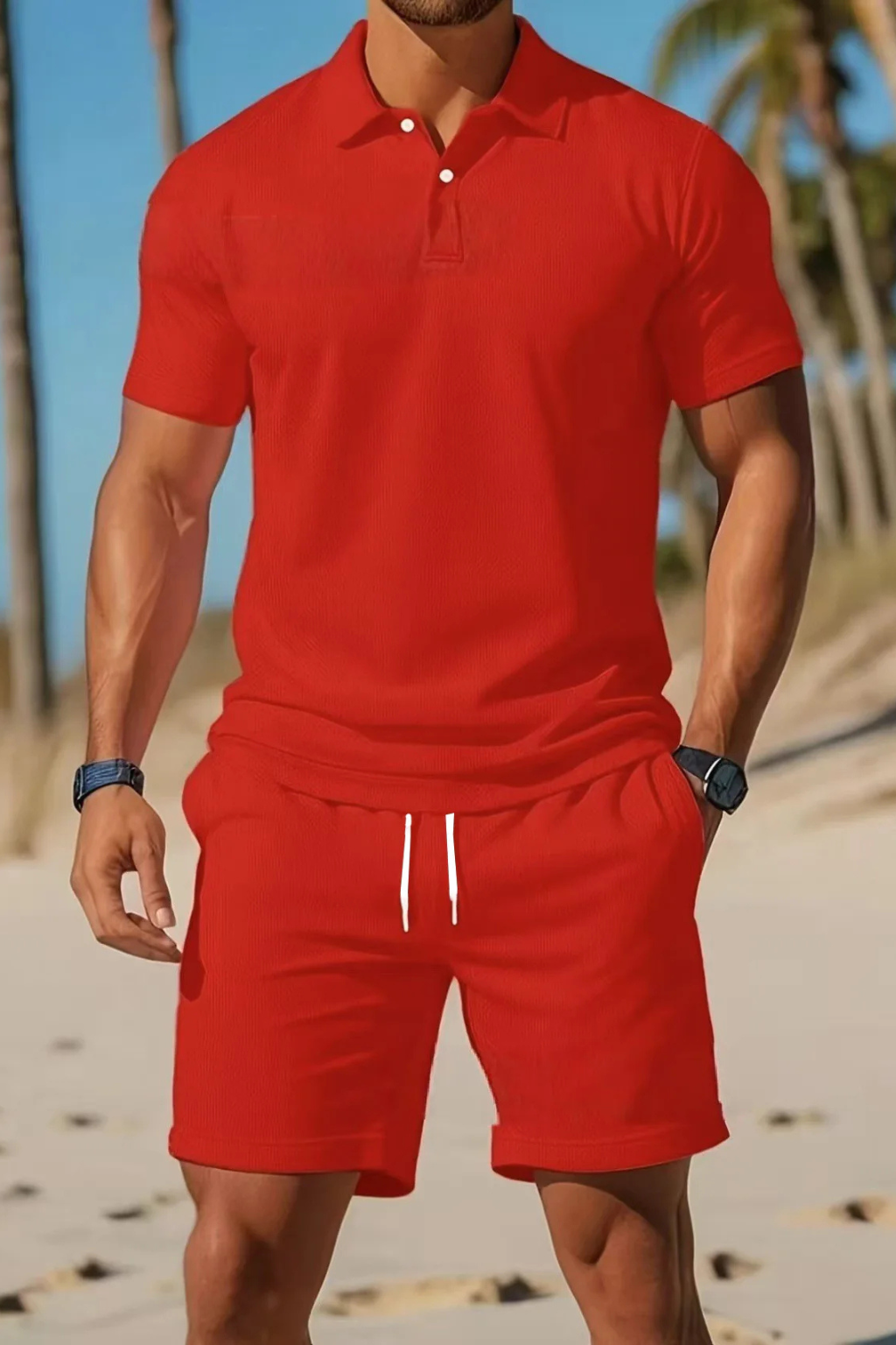 Men Short Sleeve Polo Shirt and Drawstring Shorts Summer Outfit Set