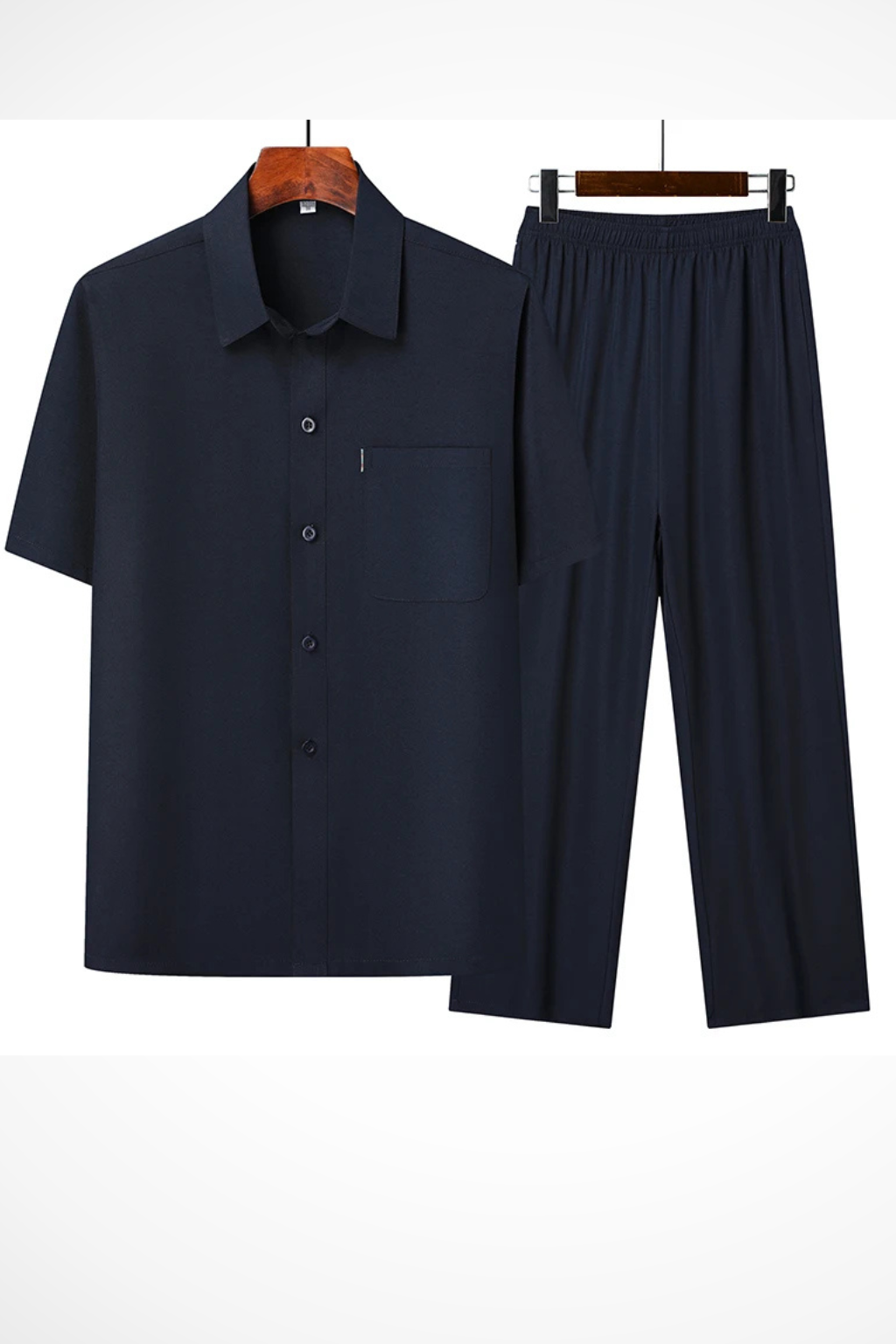 Men Lapel Short Sleeve Button Shirt and Elasticated Waist Trouser Set