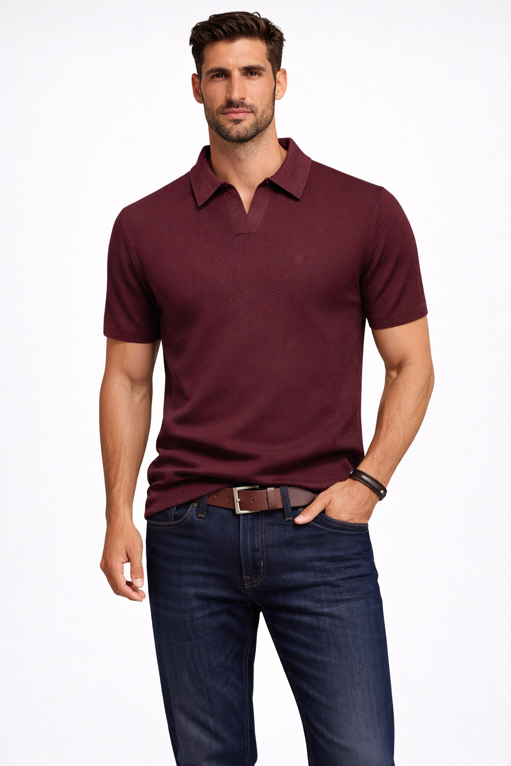 Men Textured Knit Short Sleeve Polo Shirt