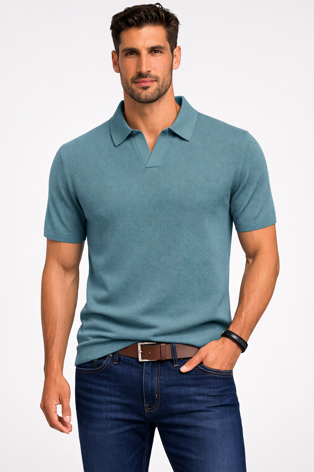 Men Textured Knit Short Sleeve Polo Shirt
